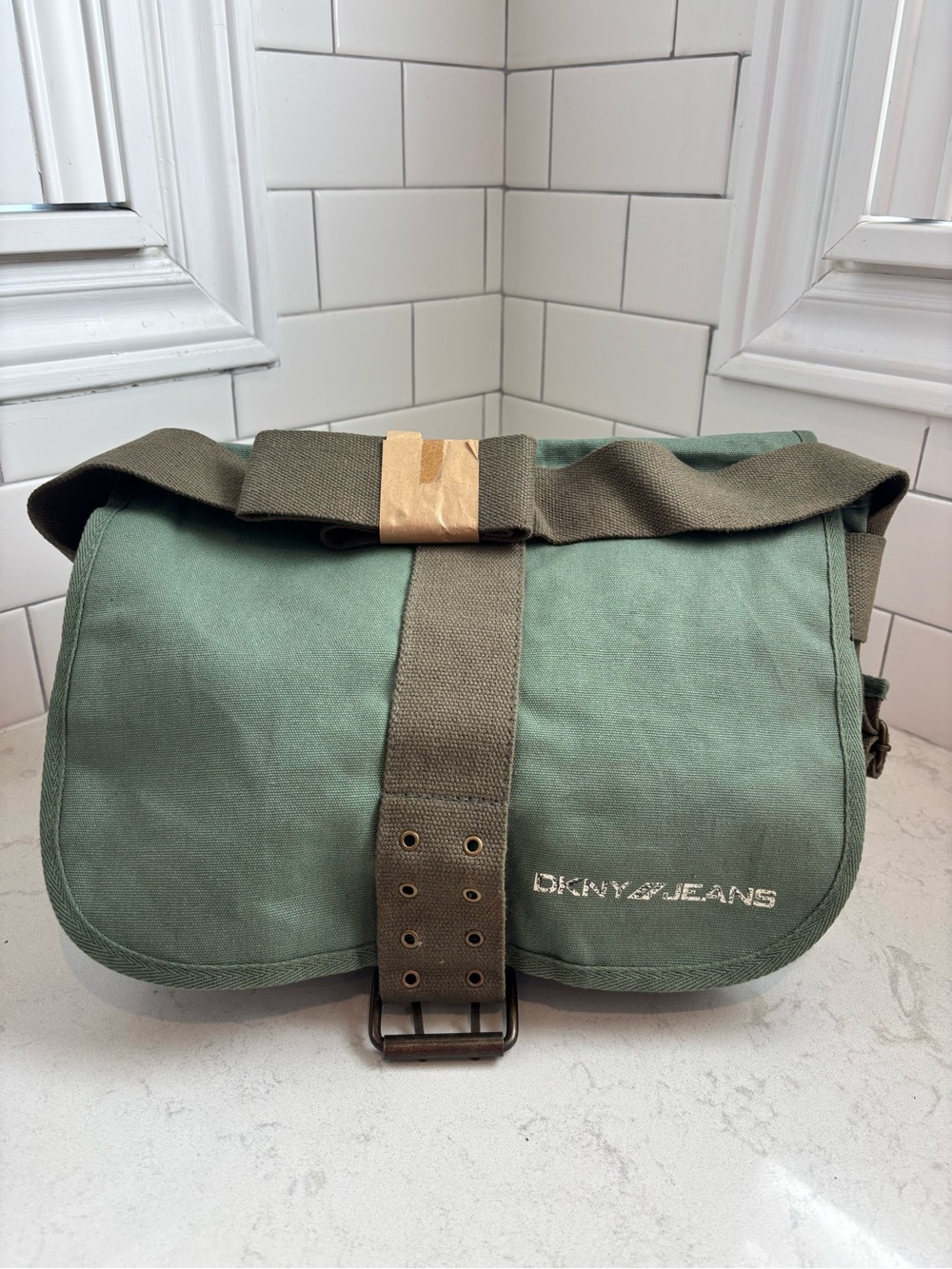 Dkny Green Canvas Messenger Crossbody Bag with Olive Strap